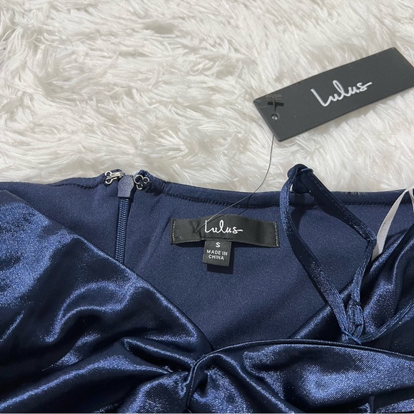 NWT LULUS Boasting Beauty Navy Blue Satin Twist-Front Faux-Wrap Mini Dress - Picture 4 of 10
